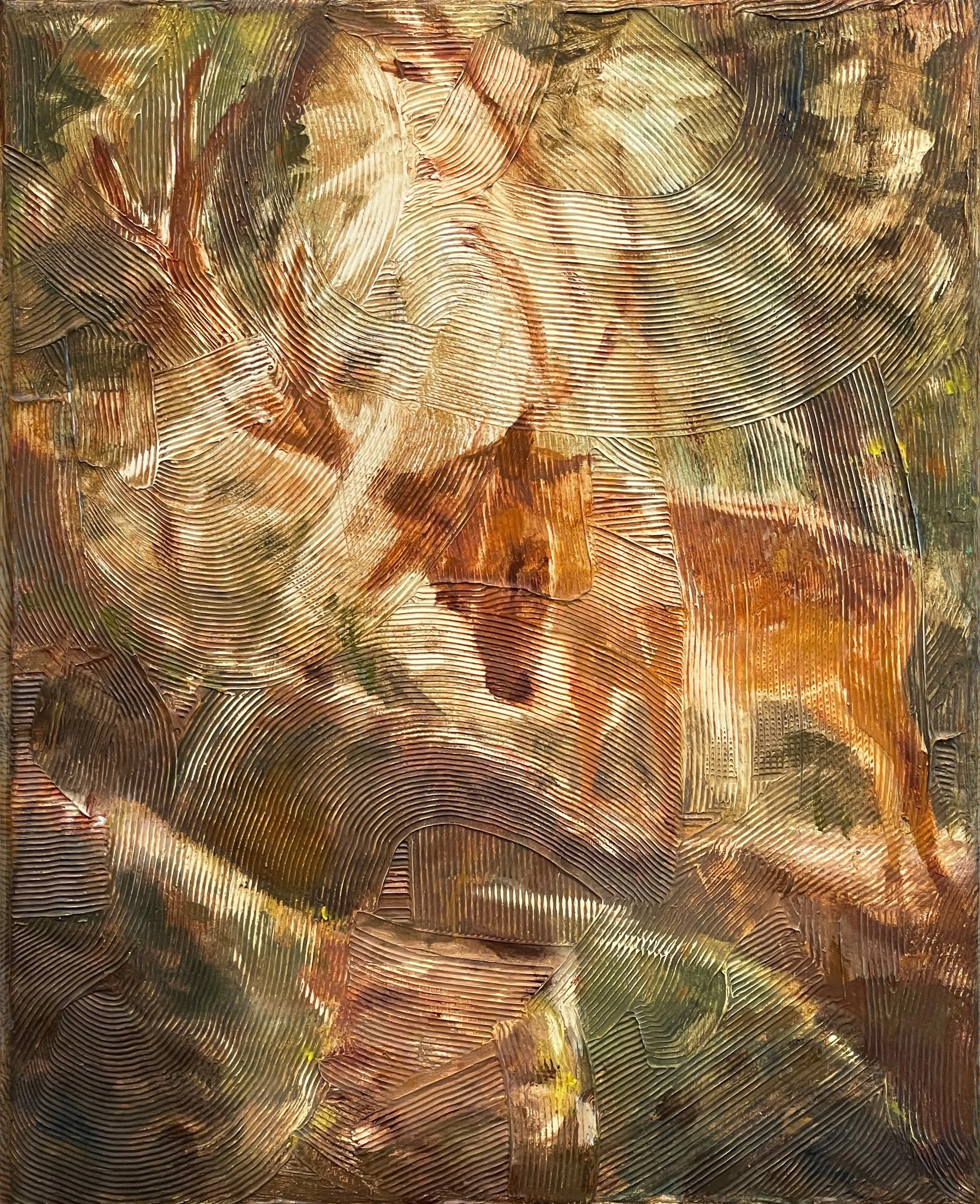 An abstract painting bursting with earthy tones of brown, green, and gold. The brushwork is all over the place, with visible strokes and textures, creating a wild, chaotic vibe. The background is a mix of smooth and rough areas, adding depth and movement to the piece.